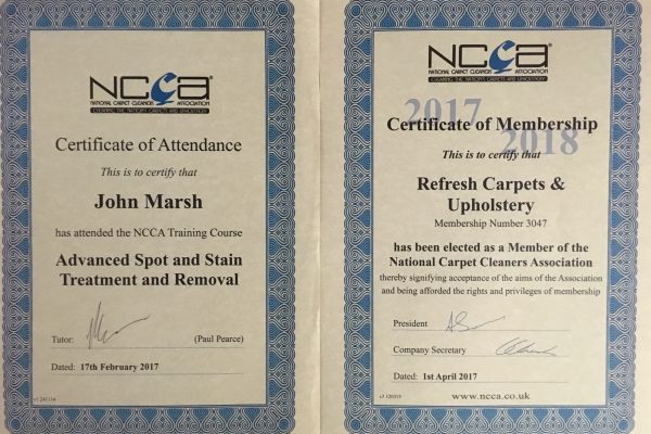 Morecambe carpet cleaner. NCCA certificate for John Marsh at Refresh carpets and upholstery.